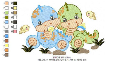 Dinosaur embroidery designs - Baby Boy Dino with pacifier and birds machine embroidery pattern - Brontosaurus T rex - Instant download pes