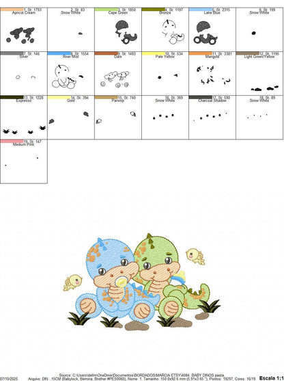 Dinosaur embroidery designs - Baby Boy Dino with pacifier and birds machine embroidery pattern - Brontosaurus T rex - Instant download pes