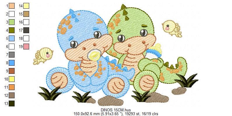 Dinosaur embroidery designs - Baby Boy Dino with pacifier and birds machine embroidery pattern - Brontosaurus T rex - Instant download pes