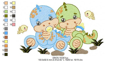 Dinosaur embroidery designs - Baby Boy Dino with pacifier and birds machine embroidery pattern - Brontosaurus T rex - Instant download pes