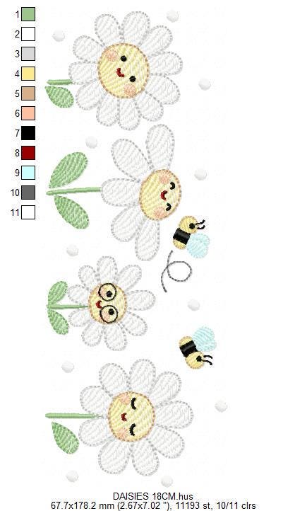 Daisies embroidery designs - Delicate flowers with bees machine embroidery pattern - Floral Kitchen towel - Instant digital download pes jef