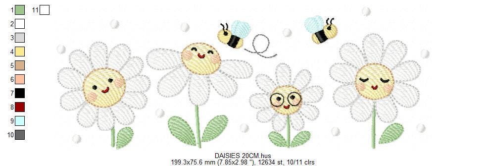 Daisies embroidery designs - Delicate flowers with bees machine embroidery pattern - Floral Kitchen towel - Instant digital download pes jef