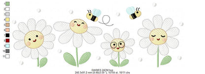 Daisies embroidery designs - Delicate flowers with bees machine embroidery pattern - Floral Kitchen towel - Instant digital download pes jef