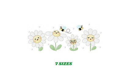 Daisies embroidery designs - Delicate flowers with bees machine embroidery pattern - Floral Kitchen towel - Instant digital download pes jef