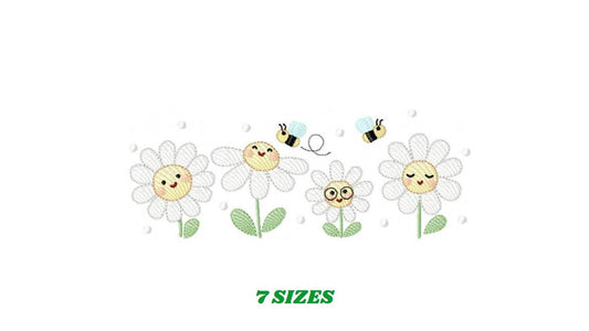 Daisies embroidery designs - Delicate flowers with bees machine embroidery pattern - Floral Kitchen towel - Instant digital download pes jef