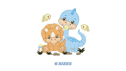 Dinosaur embroidery designs - Dino with pacifier and birds machine embroidery pattern - Brontosaurus and Triceraptor file - Instant download