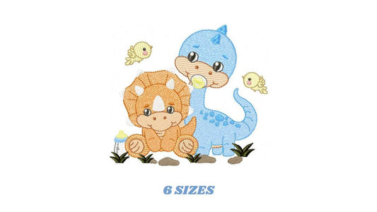 Dinosaur embroidery designs - Dino with pacifier and birds machine embroidery pattern - Brontosaurus and Triceraptor file - Instant download