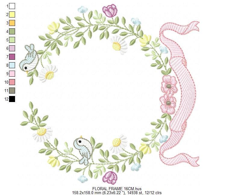 Birds with flower frame embroidery designs - Floral Wreath machine embroidery pattern - Daisies Kitchen Towel - Instant digital download pes