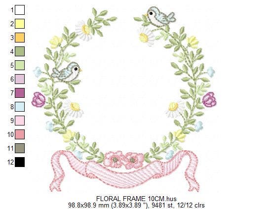 Birds with flower frame embroidery designs - Floral Wreath machine embroidery pattern - Daisies Kitchen Towel - Instant digital download pes