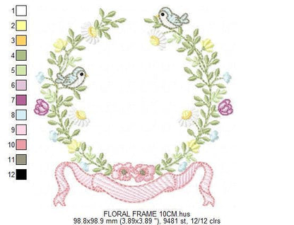 Birds with flower frame embroidery designs - Floral Wreath machine embroidery pattern - Daisies Kitchen Towel - Instant digital download pes