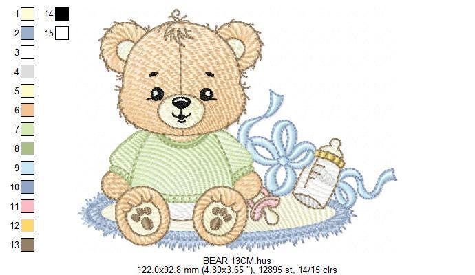 Teddy Bear embroidery designs - Male bear with bottle and pacifier machine embroidery pattern - Baby boy children toy - instant download pes
