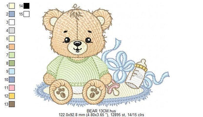 Teddy Bear embroidery designs - Male bear with bottle and pacifier machine embroidery pattern - Baby boy children toy - instant download pes