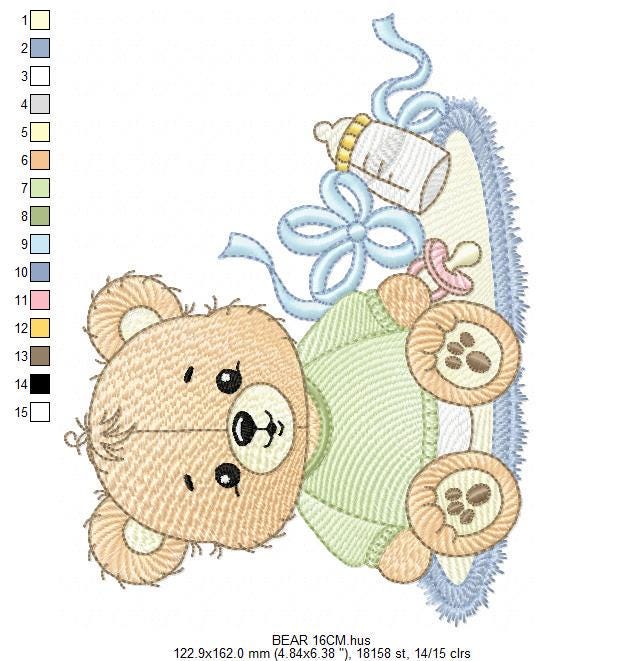 Teddy Bear embroidery designs - Male bear with bottle and pacifier machine embroidery pattern - Baby boy children toy - instant download pes