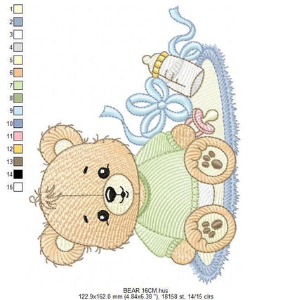 Teddy Bear embroidery designs - Male bear with bottle and pacifier machine embroidery pattern - Baby boy children toy - instant download pes