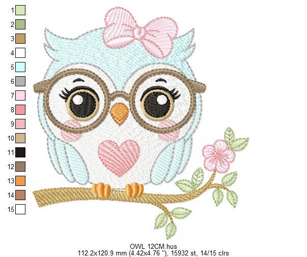 Owl embroidery design - Bird with glasses machine embroidery pattern - Baby Girl Owl with flowers and lace - Instant digital download jef