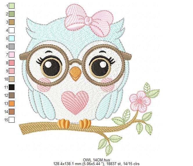 Owl embroidery design - Bird with glasses machine embroidery pattern - Baby Girl Owl with flowers and lace - Instant digital download jef