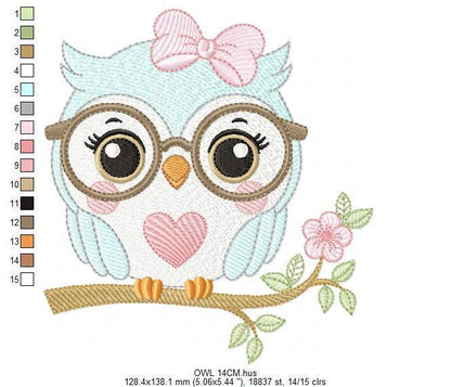 Owl embroidery design - Bird with glasses machine embroidery pattern - Baby Girl Owl with flowers and lace - Instant digital download jef