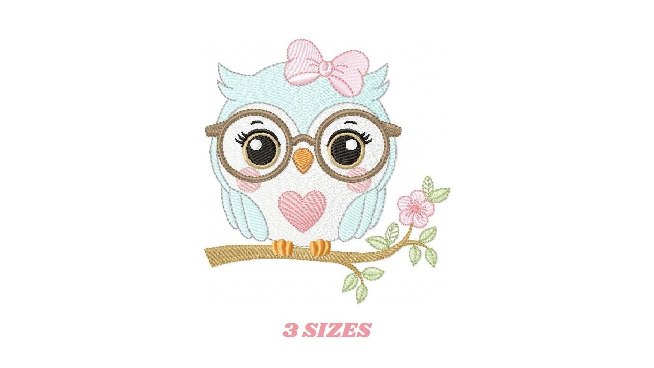 Owl embroidery design - Bird with glasses machine embroidery pattern - Baby Girl Owl with flowers and lace - Instant digital download jef