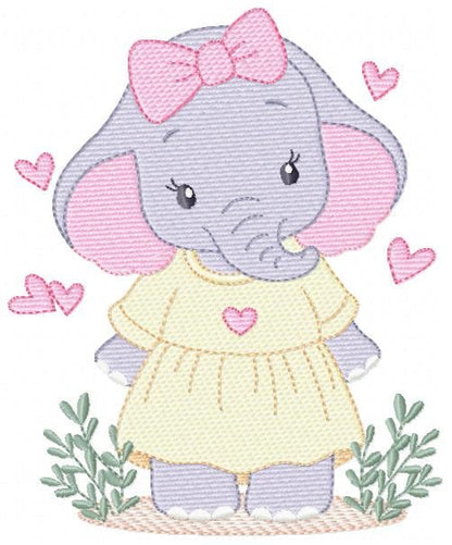 Elephant with dress and heart embroidery designs - Safari Wild Animal machine embroidery pattern - Baby Girl file - Instant digital download