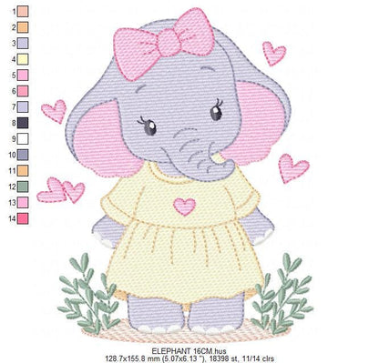 Elephant with dress and heart embroidery designs - Safari Wild Animal machine embroidery pattern - Baby Girl file - Instant digital download
