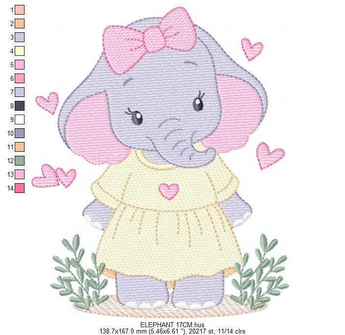 Elephant with dress and heart embroidery designs - Safari Wild Animal machine embroidery pattern - Baby Girl file - Instant digital download
