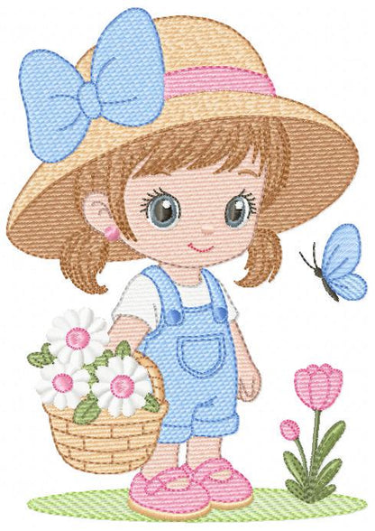 Girl Farmer embroidery designs - Farmer with straw hat and daisies machine embroidery pattern - Girl with flower basket - Instant download