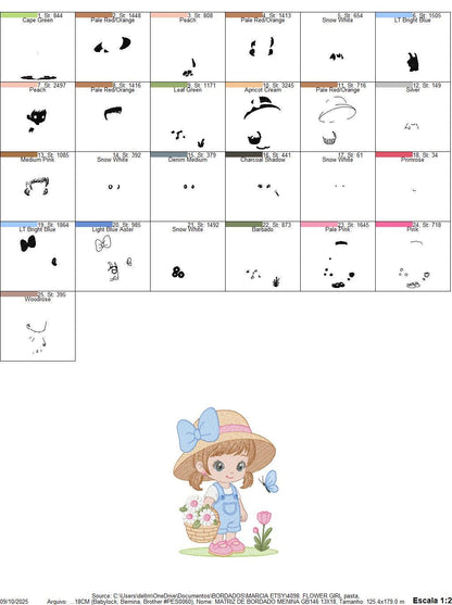 Girl Farmer embroidery designs - Farmer with straw hat and daisies machine embroidery pattern - Girl with flower basket - Instant download