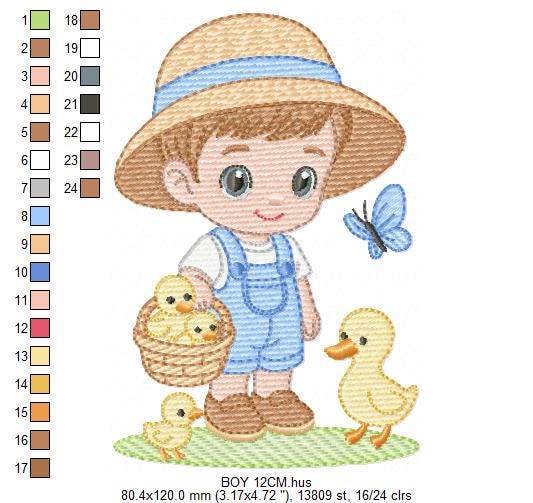 Baby Boy Farmer embroidery design - Boy with straw hat machine embroidery pattern - Boy with ducks - Instant digital download pes jef dst