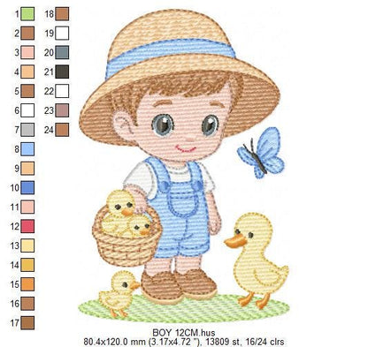Baby Boy Farmer embroidery design - Boy with straw hat machine embroidery pattern - Boy with ducks - Instant digital download pes jef dst