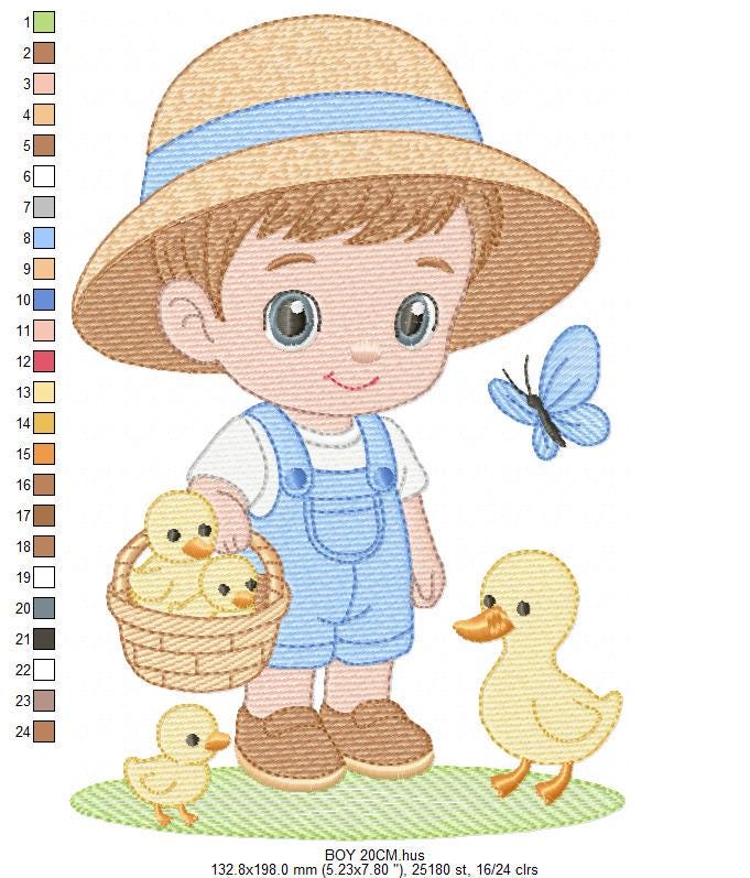 Baby Boy Farmer embroidery design - Boy with straw hat machine embroidery pattern - Boy with ducks - Instant digital download pes jef dst