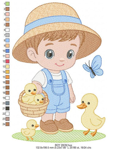 Baby Boy Farmer embroidery design - Boy with straw hat machine embroidery pattern - Boy with ducks - Instant digital download pes jef dst