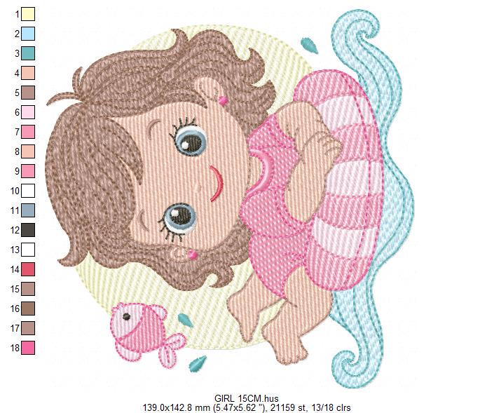 Baby girl embroidery designs - Girl with Children Buoy machine embroidery pattern - Swimming Ocean Sea Lifebuoy file - Instant download pes
