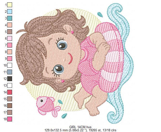 Baby girl embroidery designs - Girl with Children Buoy machine embroidery pattern - Swimming Ocean Sea Lifebuoy file - Instant download pes