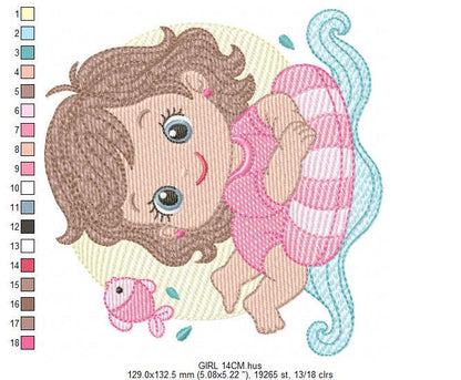 Baby girl embroidery designs - Girl with Children Buoy machine embroidery pattern - Swimming Ocean Sea Lifebuoy file - Instant download pes