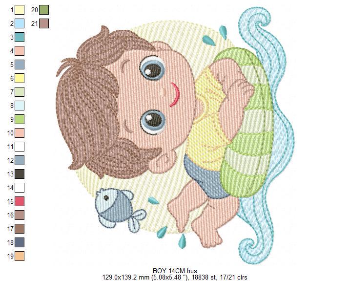 Baby boy embroidery designs - Boy with Children Buoy machine embroidery pattern - Swimming Ocean Sea Lifebuoy file - Instant download pes