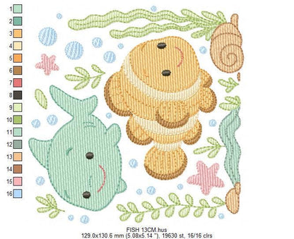 Clown Fish embroidery designs - Ocean animals machine pattern - Orange Fish with shells bubbles stars and algae - Instant download pes jef
