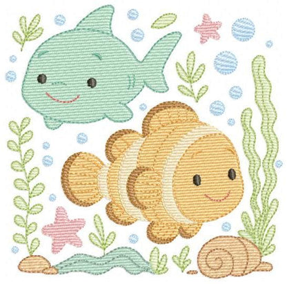Clown Fish embroidery designs - Ocean animals machine pattern - Orange Fish with shells bubbles stars and algae - Instant download pes jef