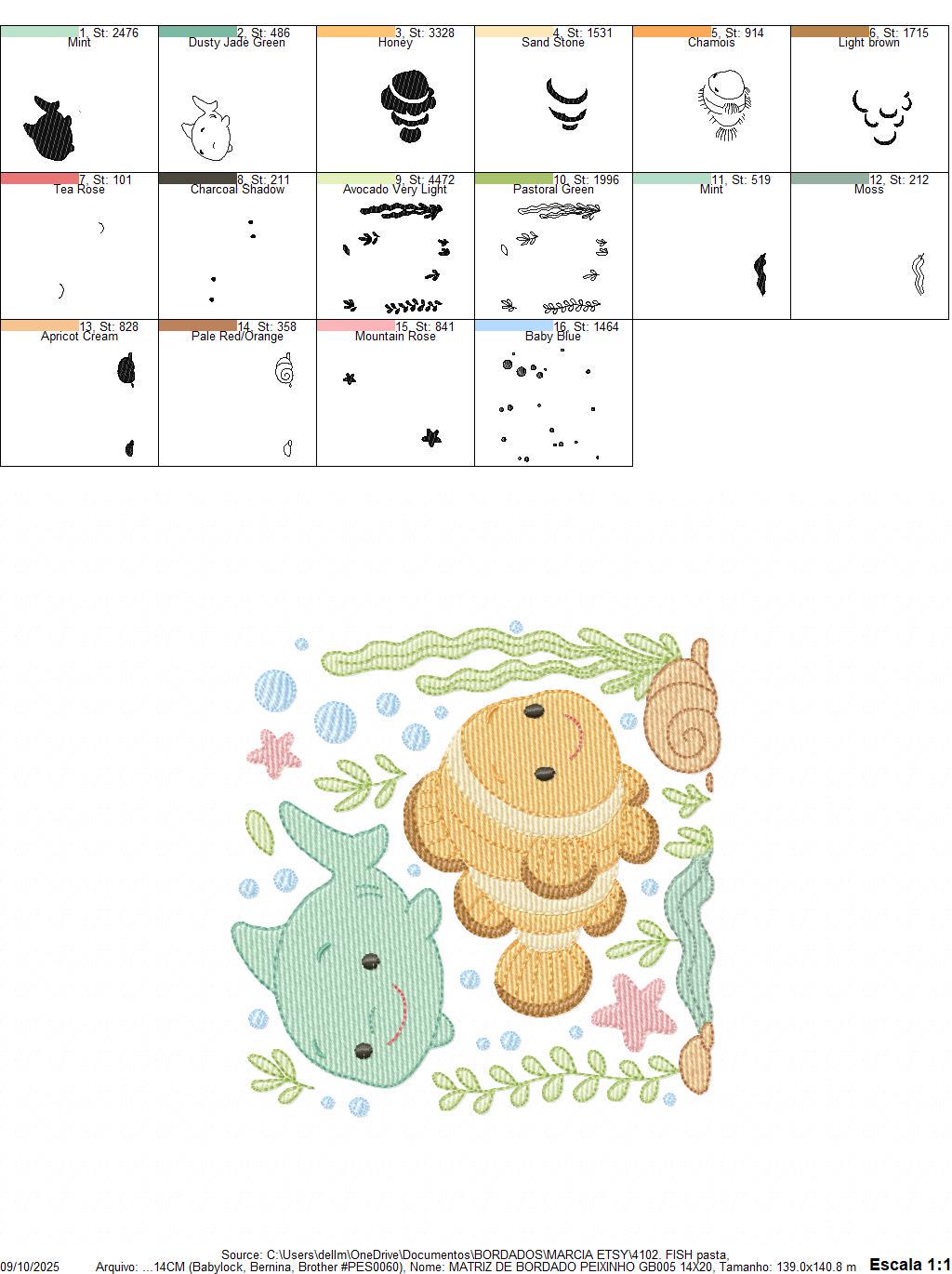 Clown Fish embroidery designs - Ocean animals machine pattern - Orange Fish with shells bubbles stars and algae - Instant download pes jef