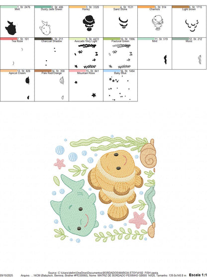 Clown Fish embroidery designs - Ocean animals machine pattern - Orange Fish with shells bubbles stars and algae - Instant download pes jef