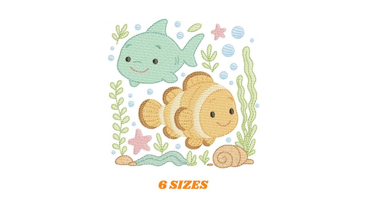 Clown Fish embroidery designs - Ocean animals machine pattern - Orange Fish with shells bubbles stars and algae - Instant download pes jef