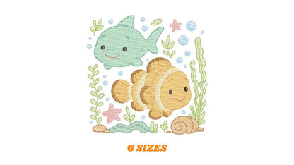 Clown Fish embroidery designs - Ocean animals machine pattern - Orange Fish with shells bubbles stars and algae - Instant download pes jef
