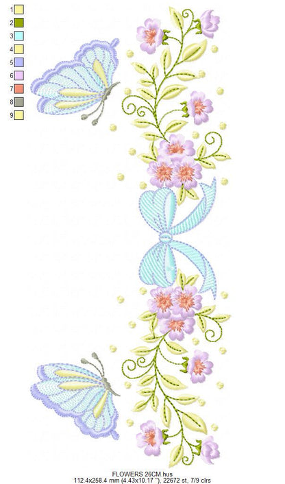 Flowers with lace embroidery designs - Roses with butterfly Divider Line machine pattern - Floral Kitchen towel - Instant digital download