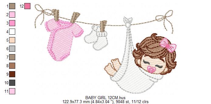 Baby girl with clothes line embroidery designs - Newborn machine embroidery pattern - Gender Reveal Party - Instant digital download pes jef