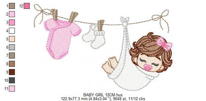 Baby girl with clothes line embroidery designs - Newborn machine embroidery pattern - Gender Reveal Party - Instant digital download pes jef