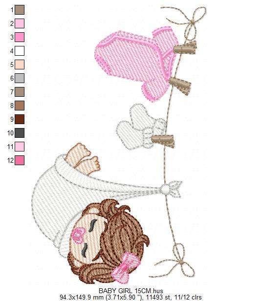 Baby girl with clothes line embroidery designs - Newborn machine embroidery pattern - Gender Reveal Party - Instant digital download pes jef