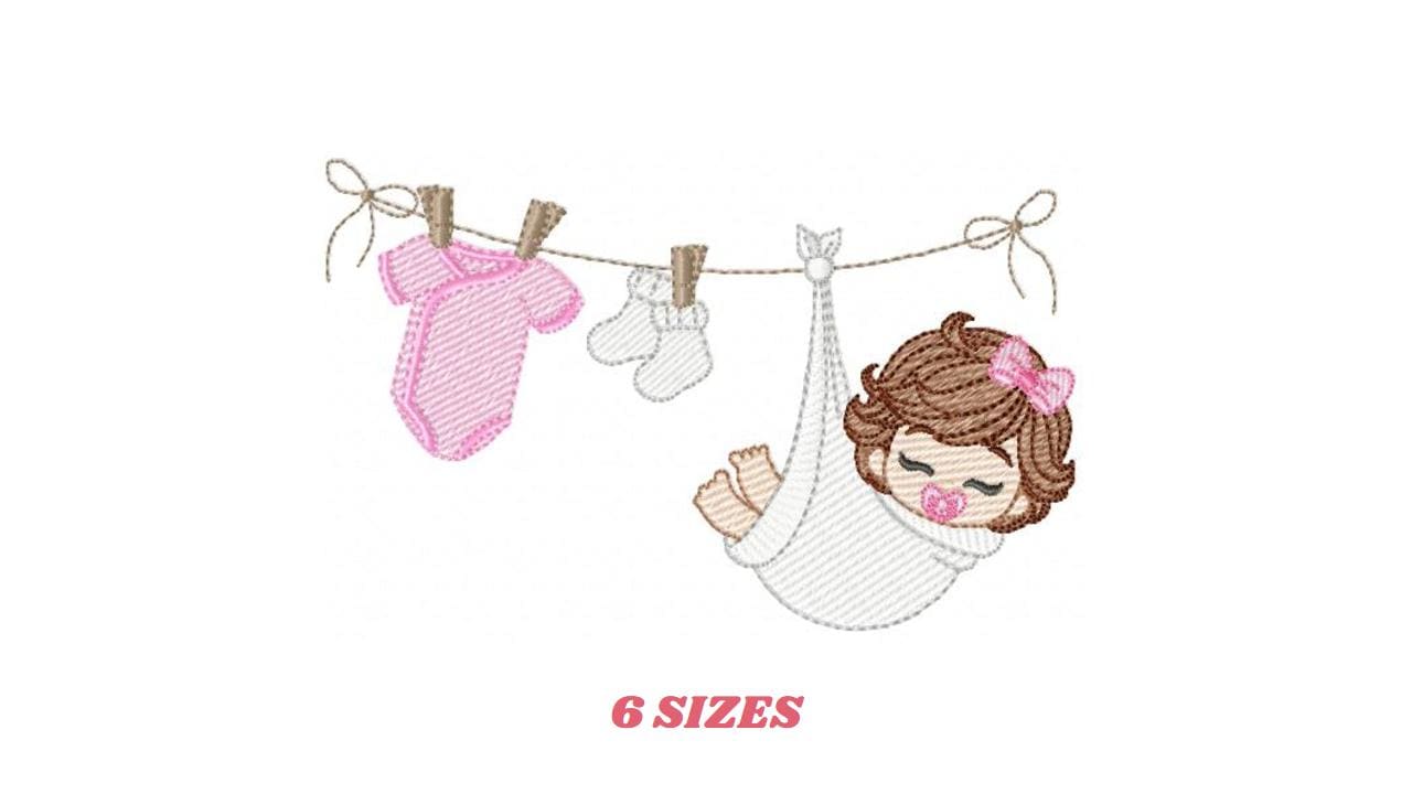 Baby girl with clothes line embroidery designs - Newborn machine embroidery pattern - Gender Reveal Party - Instant digital download pes jef
