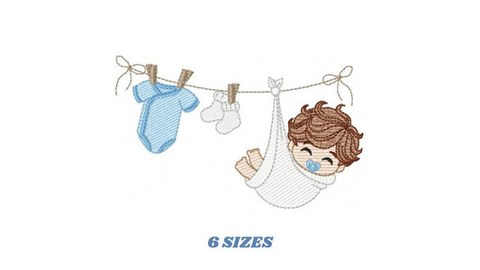 Baby boy with clothes line embroidery designs - Newborn machine embroidery pattern - Gender Reveal Party - Instant digital download pes jef
