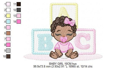 Baby girl embroidery designs - Newborn with pacifier machine embroidery pattern - Girl with black curly hair - Instant digital download pes