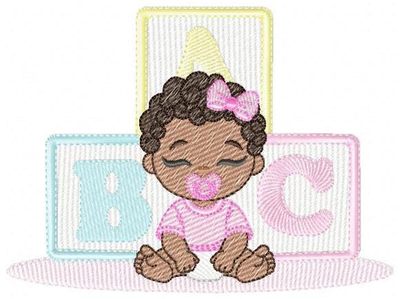 Baby girl embroidery designs - Newborn with pacifier machine embroidery pattern - Girl with black curly hair - Instant digital download pes