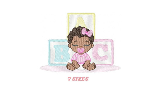 Baby girl embroidery designs - Newborn with pacifier machine embroidery pattern - Girl with black curly hair - Instant digital download pes